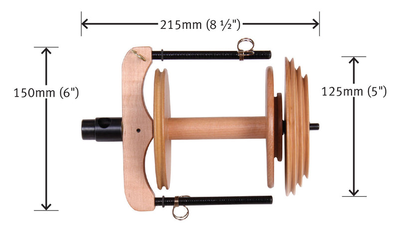 Load image into Gallery viewer, Ashford Jumbo Double Drive Sliding Hook Flyer and Bobbin - dimensions
