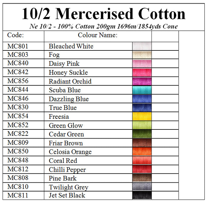 Ashford 10/2 Mercerised Cotton Colour Chart