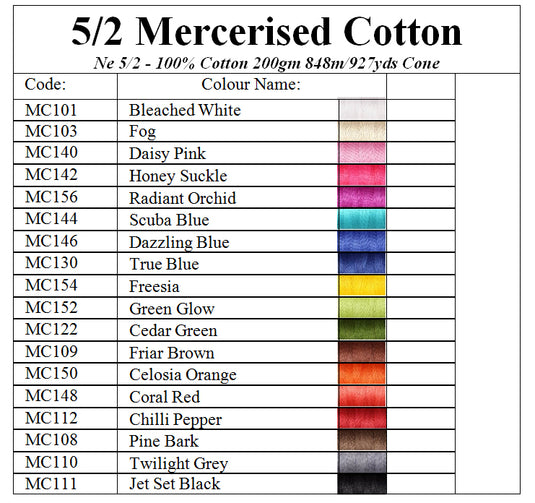 Ashford 5/2 Mercerised Cotton Colour Chart