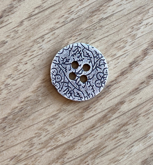 Zinc Colour Metal Button with Subtle Black Laser Floral Pattern by Textile Garden