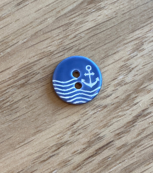 Small Matt Blue Button with Laser Waves and Anchor by Textile Garden