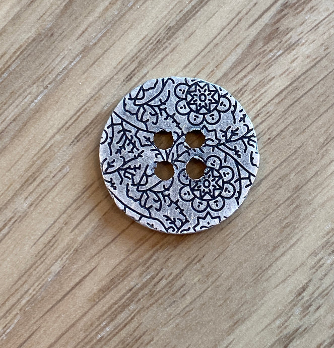 Zinc Colour Metal Button with Subtle Black Laser Floral Pattern by Textile Garden